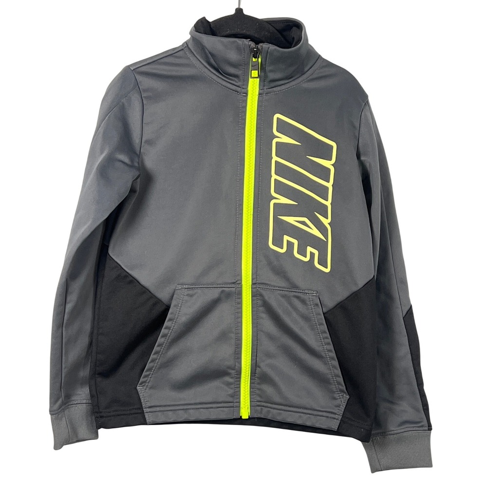 Nike Kids Gray Black Neon Green Logo Full Zip Track Jacket Boys 6 Sporty Classic